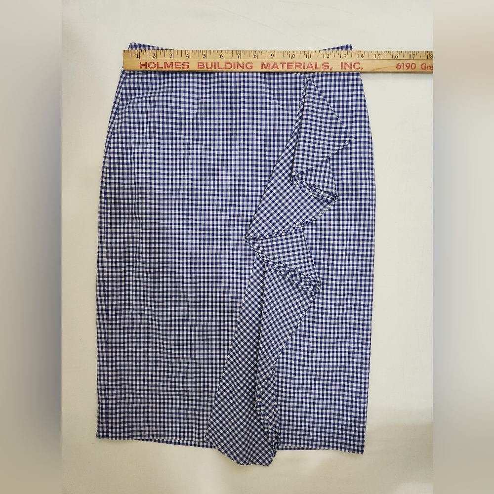 J. Crew Royal Blue and White Preppy Gingham Ruffle-Trim Pencil Skirt - Picture 2 of 8